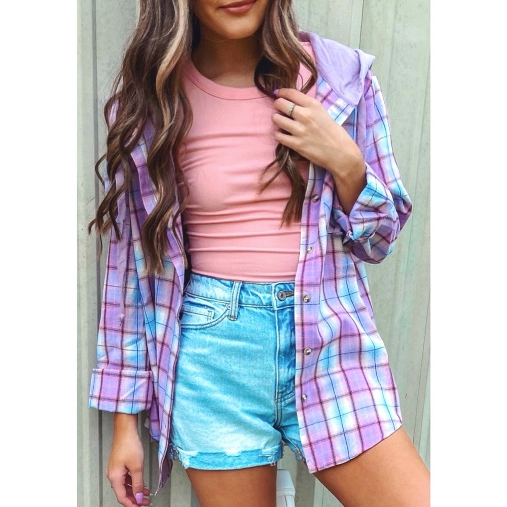 NEW Purple Plaid Shacket w/ hood